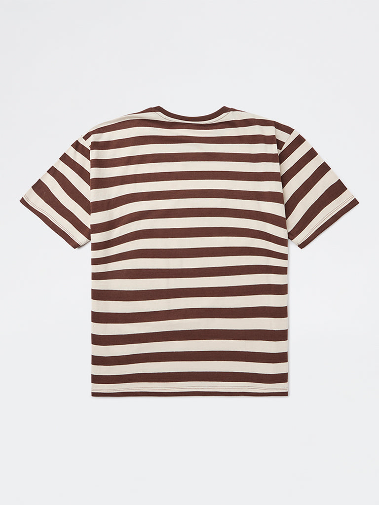Girls Dark Brown Striped Cotton T-Shirt