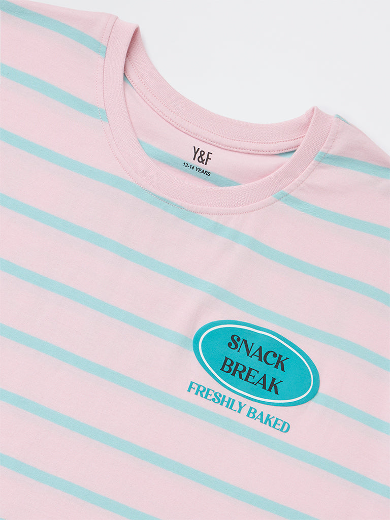 Girls Light Pink Striped Cotton T-Shirt