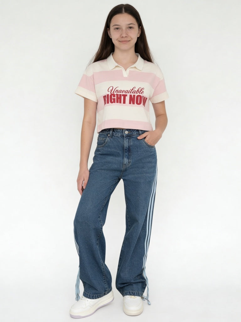 Girls Blue Striped High-Rise Relaxed-Fit Jeans