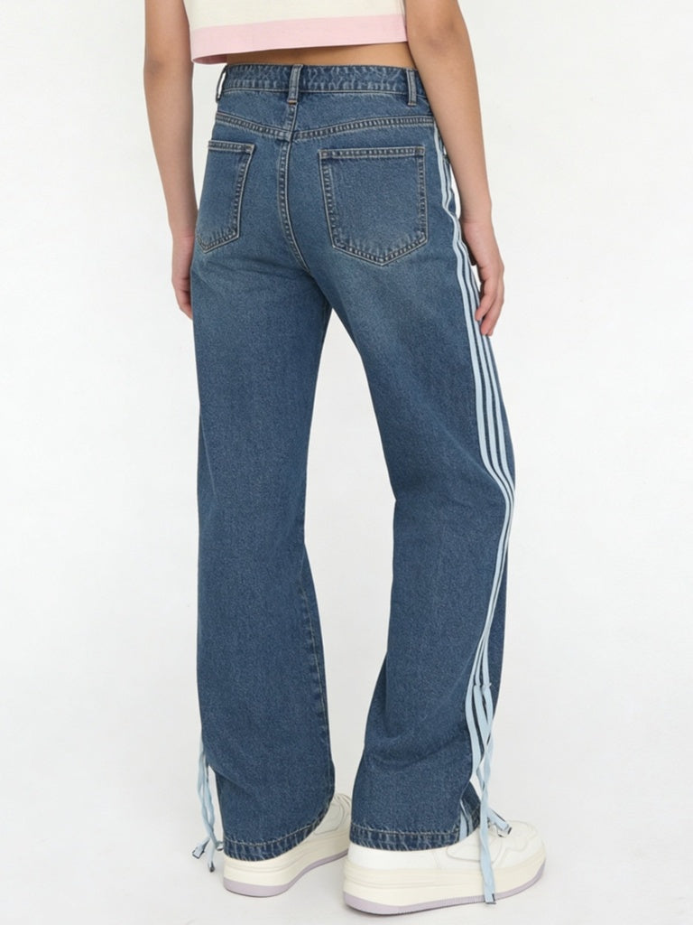 Girls Blue Striped High-Rise Relaxed-Fit Jeans