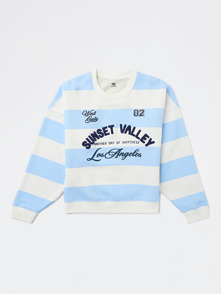 Girls Blue Striped Cotton-Blend Sweatshirt