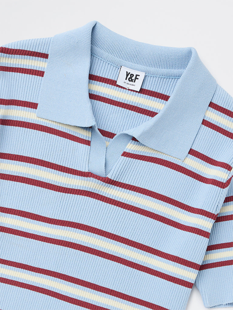 Girls Blue Striped Textured T-Shirt