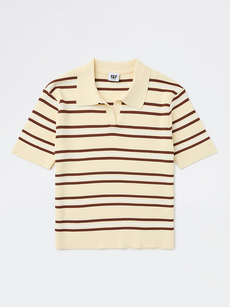 Girls Light Yellow Striped Textured T-Shirt
