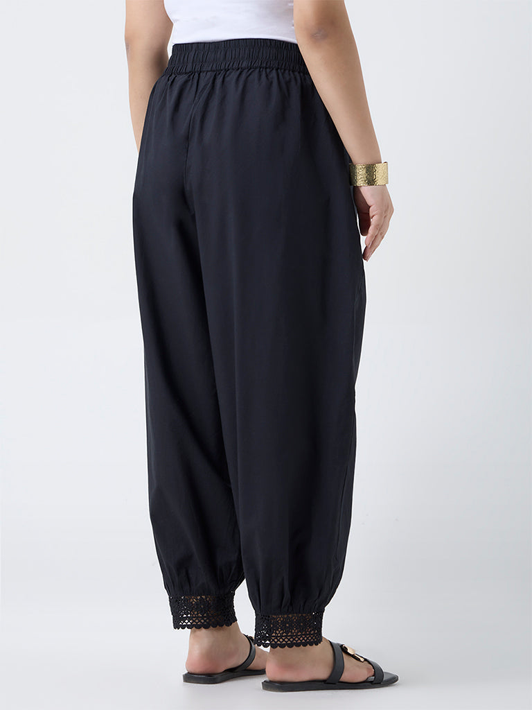 Diza Black Schiffli Detailed Harem Pants
