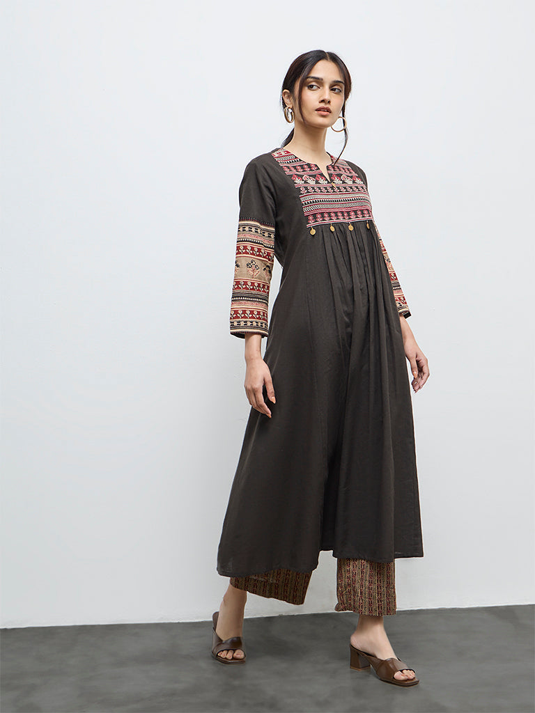 Utsa Black Floral Embroidered Cotton A-Line Kurta