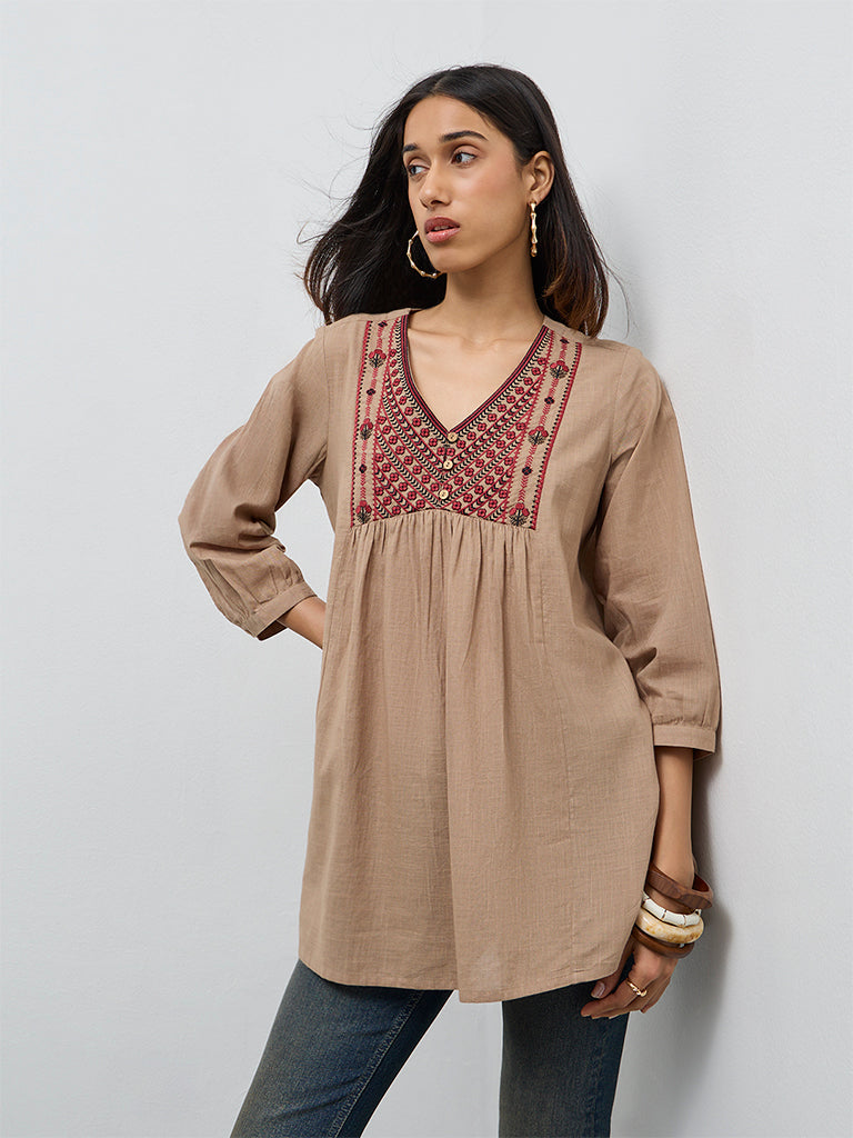 Utsa Beige Floral Embroidered Cotton Tunic