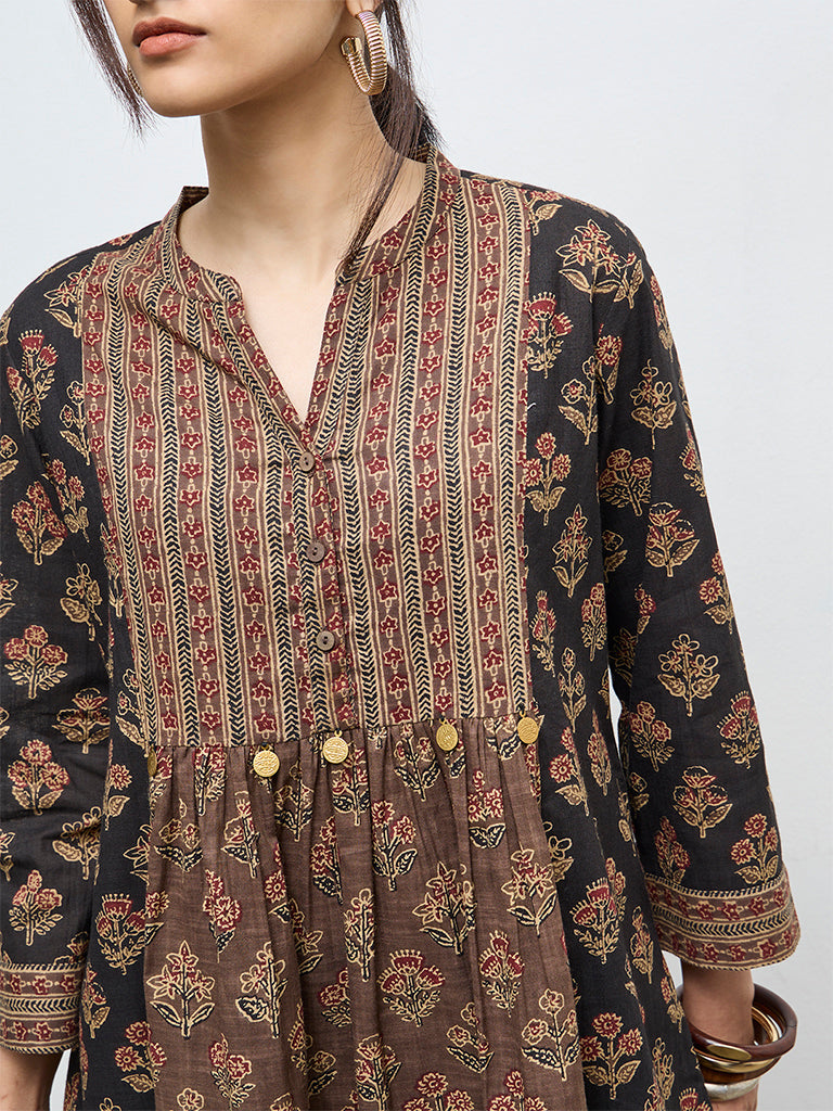 Utsa Black Botanical Pattern Cotton Tunic