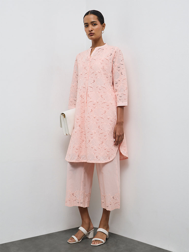 Zuba Peach Floral Embroidered A-Line Cotton Ethnic Set