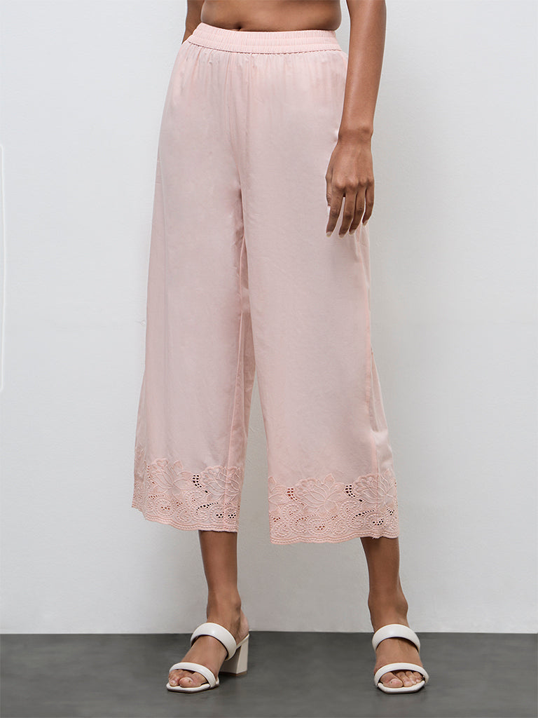Zuba Peach Floral Embroidered A-Line Cotton Ethnic Set