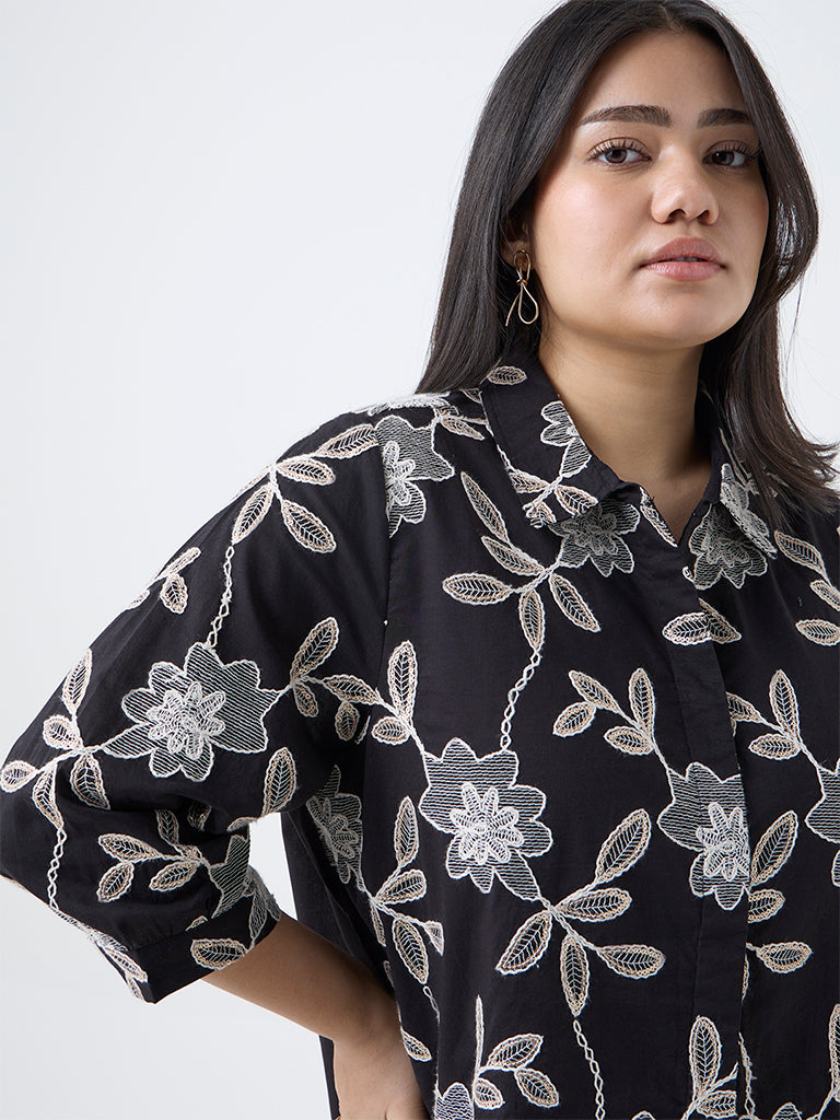 Gia Black Foliage Embroidered Cotton Blouse