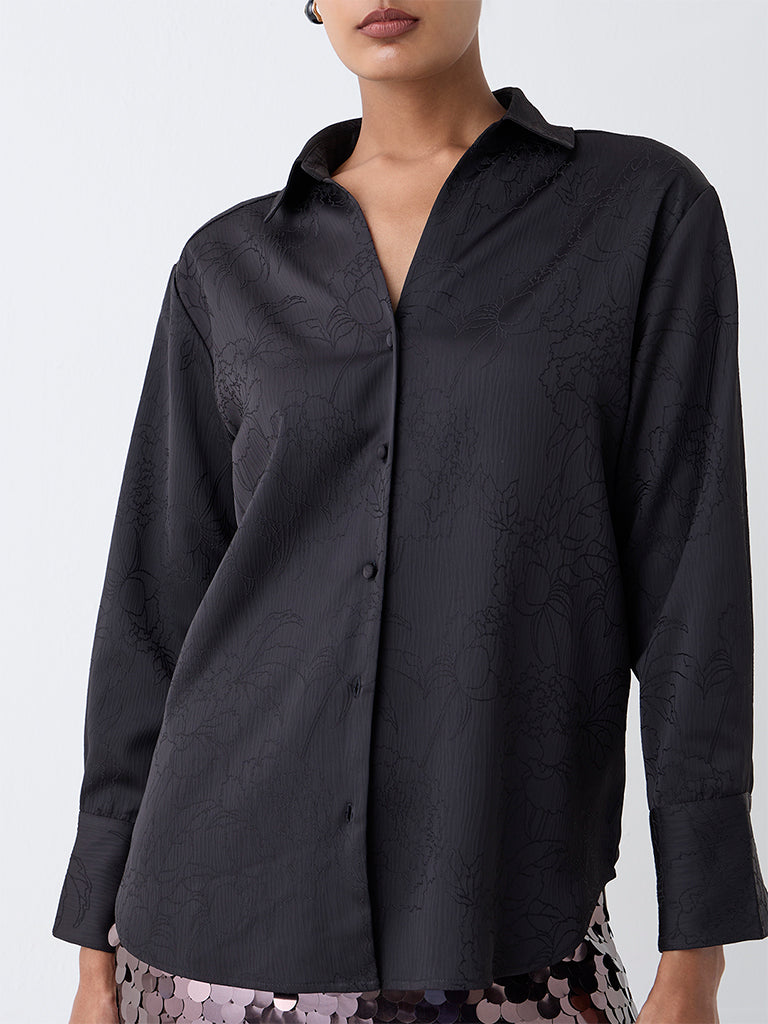 Wardrobe Black Floral Embroidered Shirt