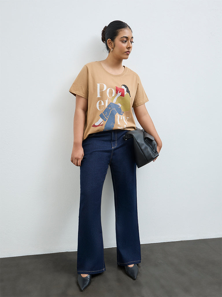 Gia Light Brown Graphic Printed Cotton T-Shirt
