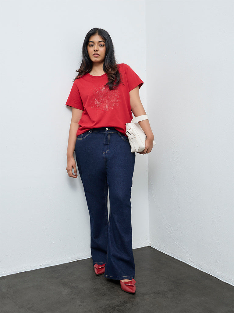 Gia Red Embellished Cotton T-Shirt