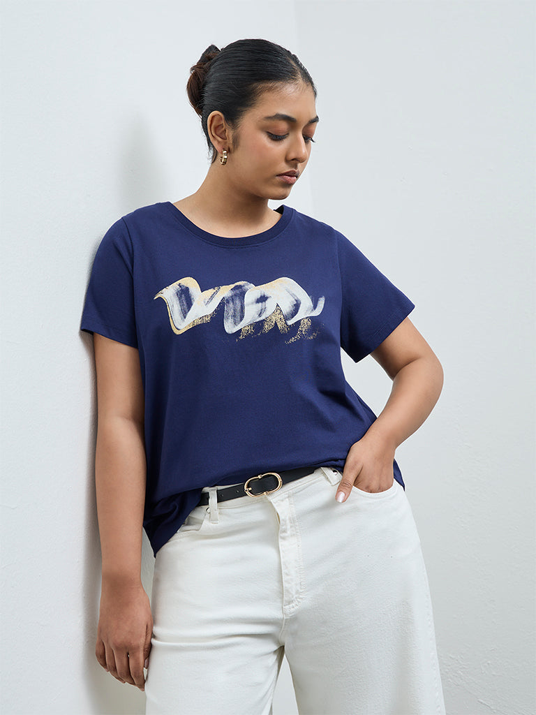 Gia Navy Printed Cotton T-Shirt