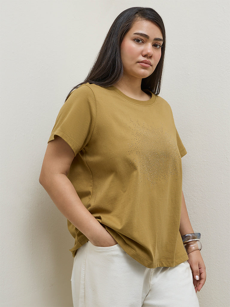 Gia Mustard Embellished Cotton T-Shirt