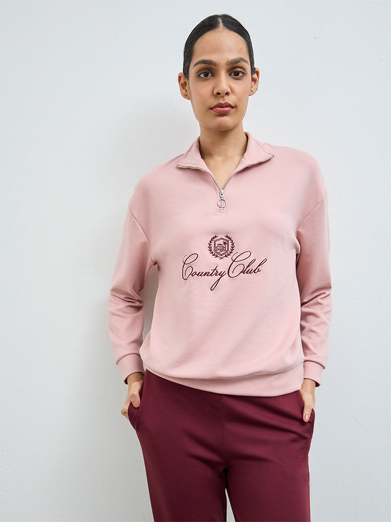 Nuoflexx Dusty Pink Embroidered Quarter-Zip Sweatshirt
