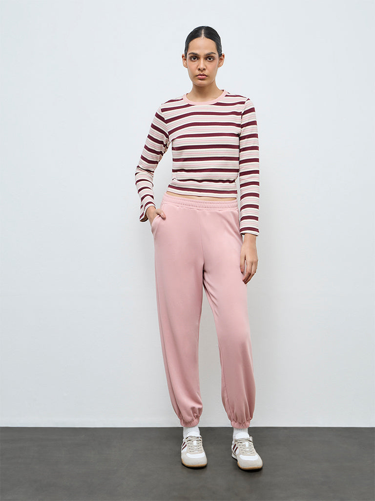 Nuoflexx Dusty Pink Striped Cotton-Blend T-Shirt