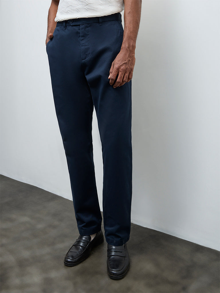 Ascot Navy Relaxed-Fit Mid-Rise Cotton Trousers