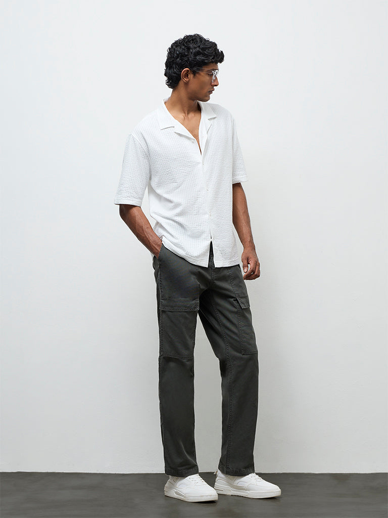 WES Casuals Dark Teal Relaxed Fit Mid-Rise Cotton-Blend Pants