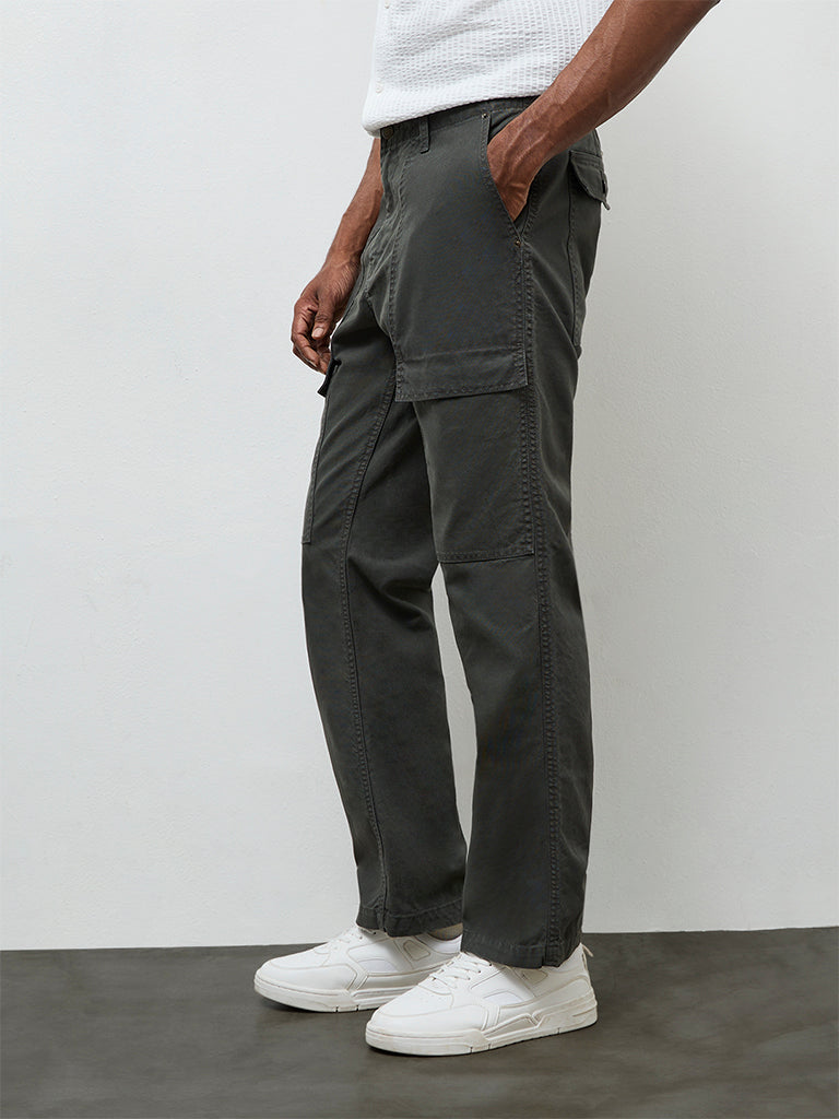 WES Casuals Dark Teal Relaxed Fit Mid-Rise Cotton-Blend Pants