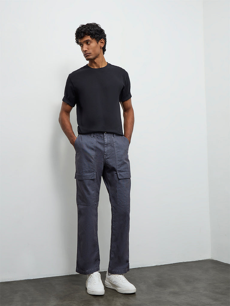 WES Casuals Dusty Blue Relaxed-Fit Mid-Rise Cotton-Blend Cargo Pants