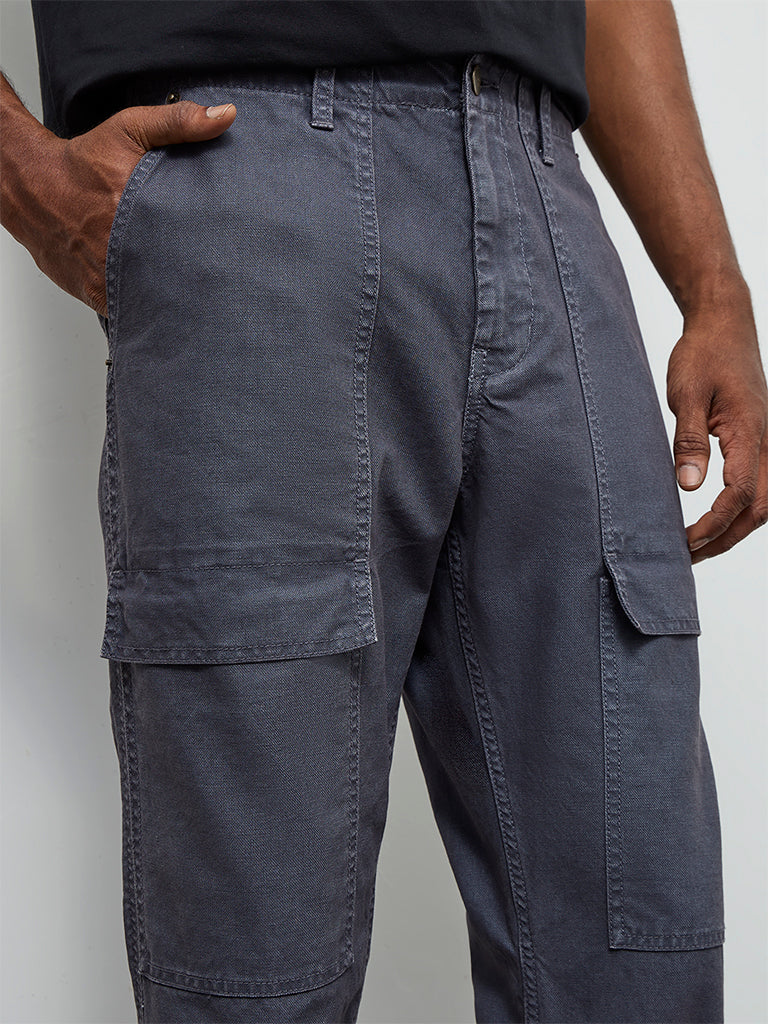 WES Casuals Dusty Blue Relaxed-Fit Mid-Rise Cotton-Blend Cargo Pants