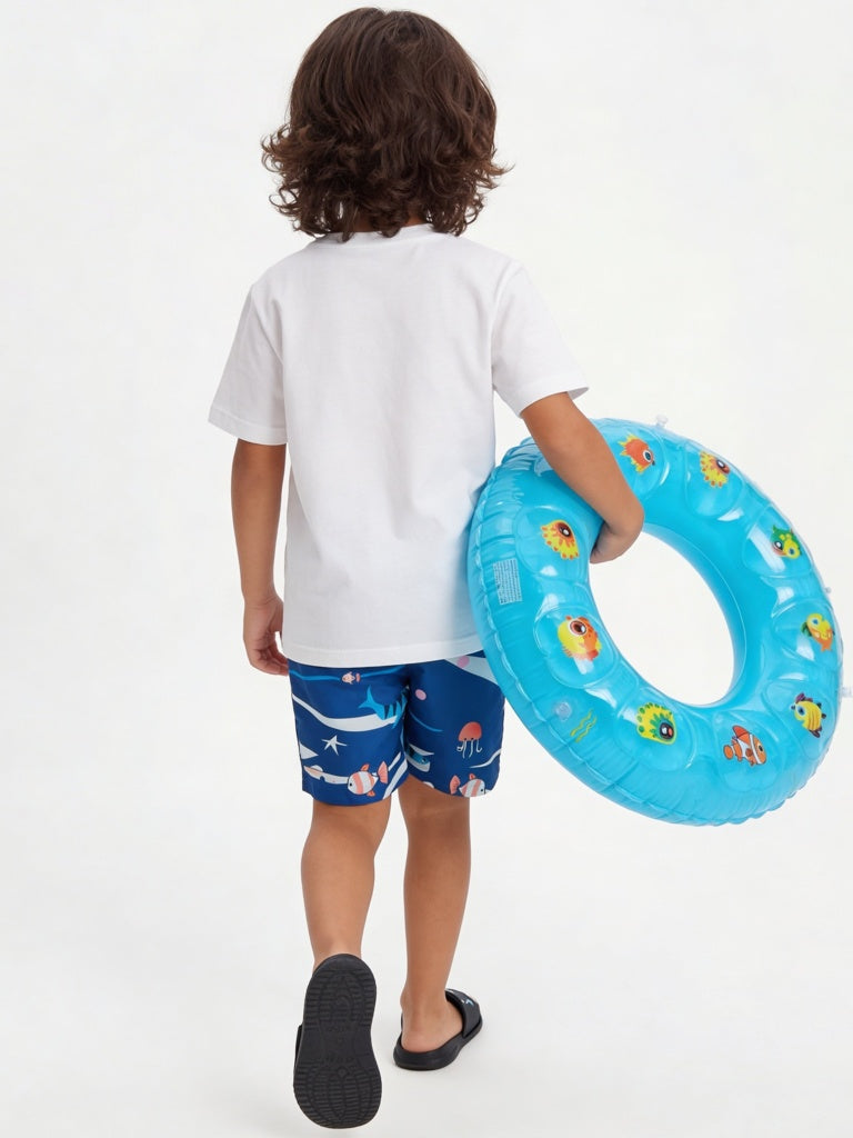 HOP Kids Boys Blue Printed Mid-Rise Swim Shorts