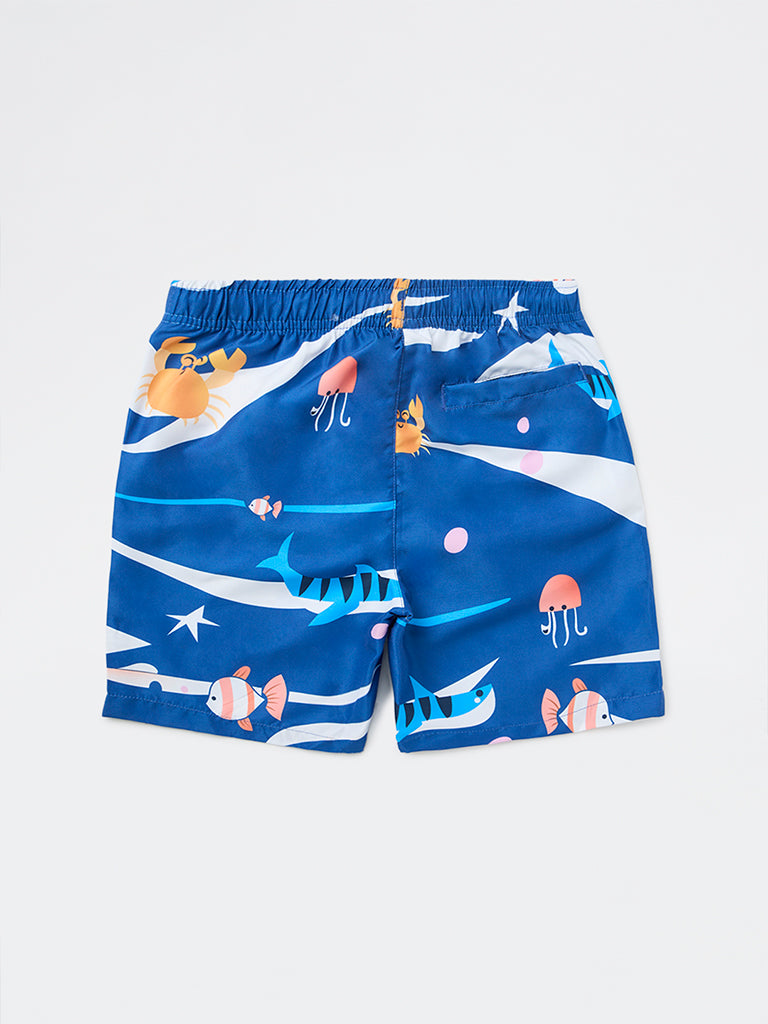 HOP Kids Boys Blue Printed Mid-Rise Swim Shorts