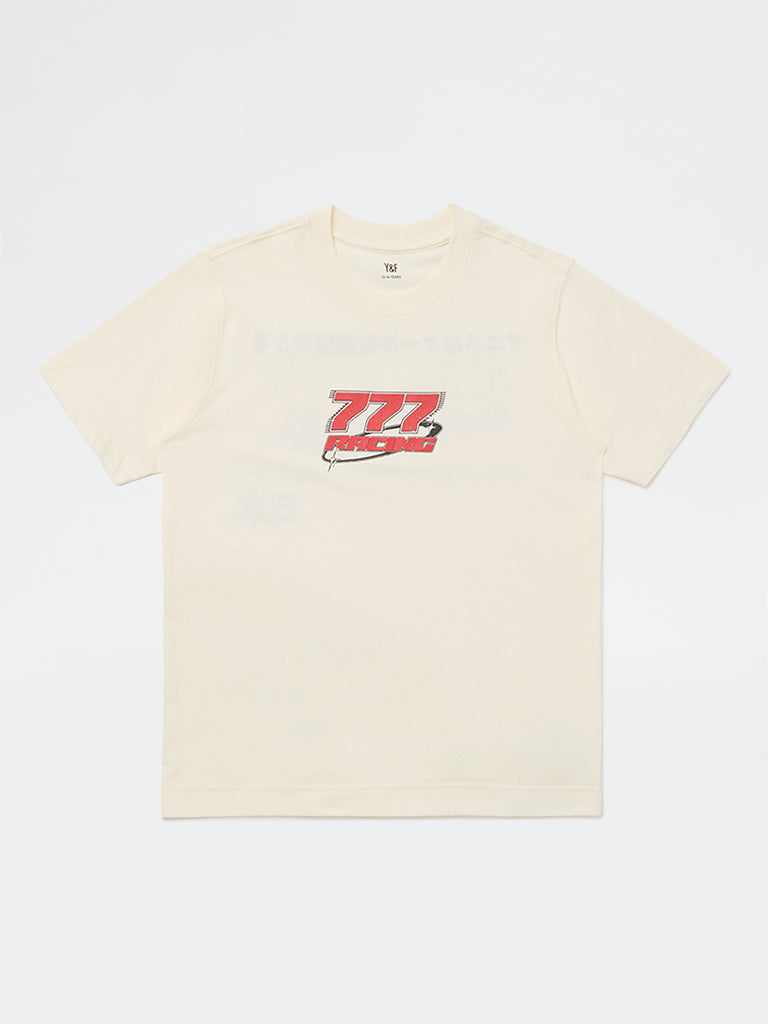 Boys Cream Racer-Inspired Cotton T-Shirt