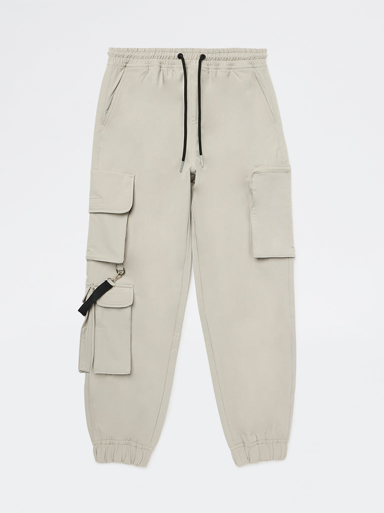 Boys Beige Mid-Rise Cargo Pants