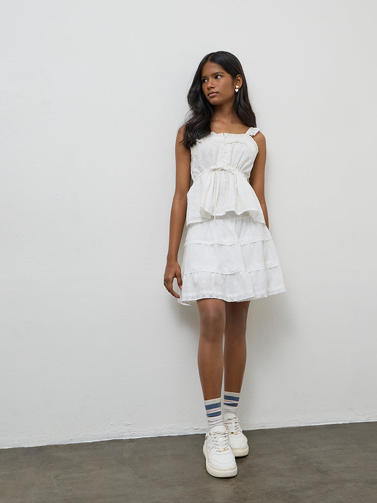 Girls White Embroidered Cotton Tiered Skirt