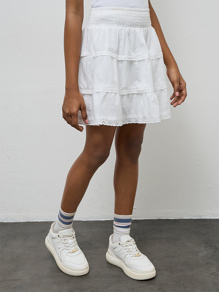 Girls White Embroidered Cotton Tiered Skirt