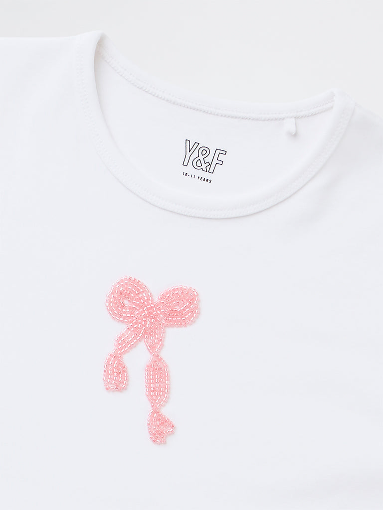 Girls White Embellished Cotton-Blend T-Shirt