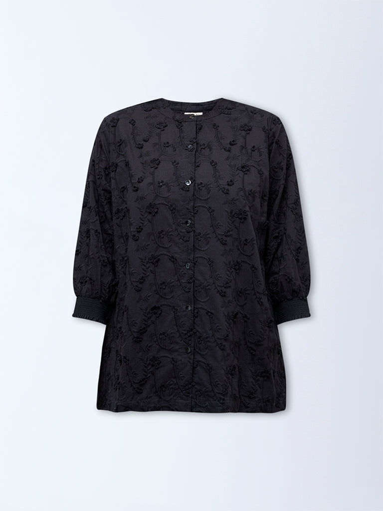 Diza Black Floral Embroidered Cotton Tunic