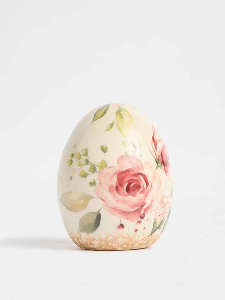 Westside Home Off-White Ceramic Floral Pattern Egg Decorative Object