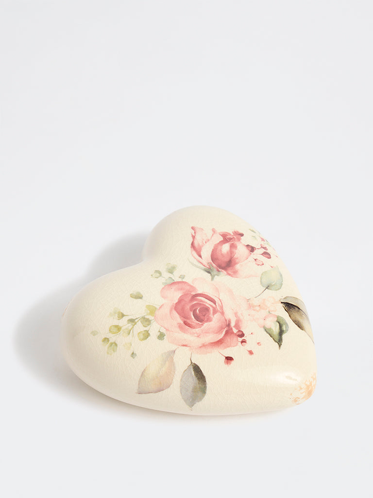 Westside Home Off-White Ceramic Floral Pattern Heart Decorative Object