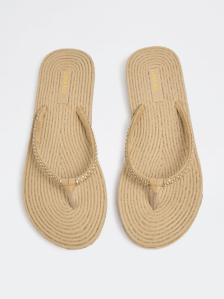 LUNA BLU Taupe Textured Embellished Slides