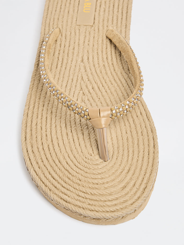 LUNA BLU Taupe Textured Embellished Slides