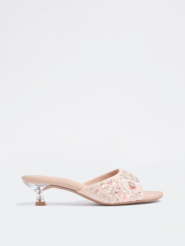 LUNA BLU Pink Sequin Embellished Kitten Heel Sandals