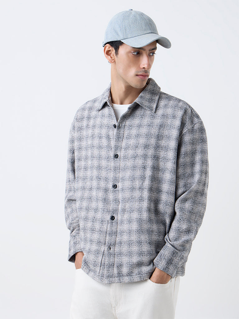 Nuon Grey Flannel Checkered Relaxed-Fit Cotton Shirt