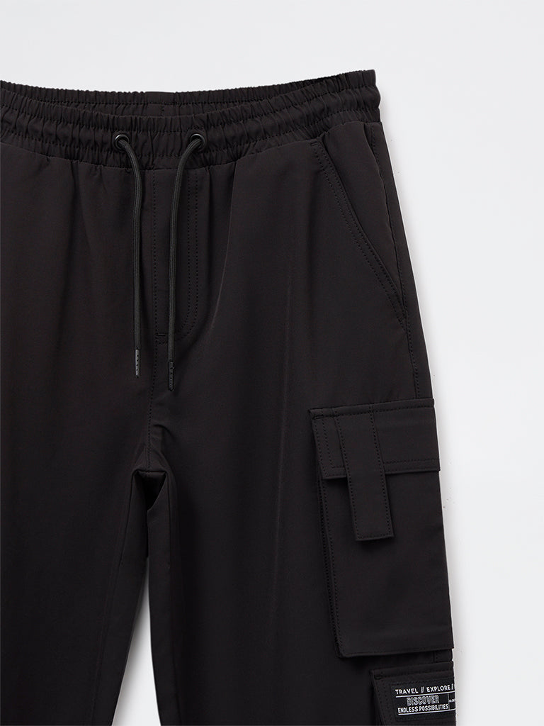 Boys Black Cargo Style Mid-Rise Joggers