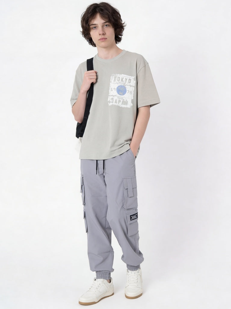 Boys Grey Multi-Pocket Relaxed Fit Cargo Pants