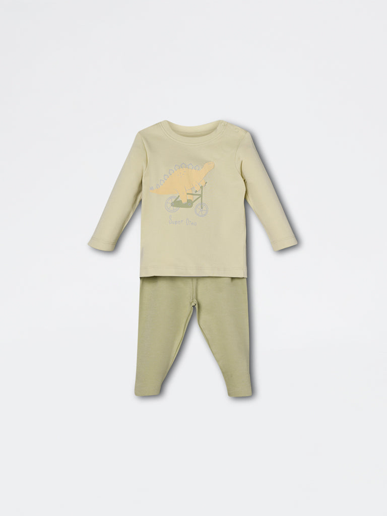 HOP Baby Boys Sage Dinosaur Printed Cotton Co-ord Set - Exclusive