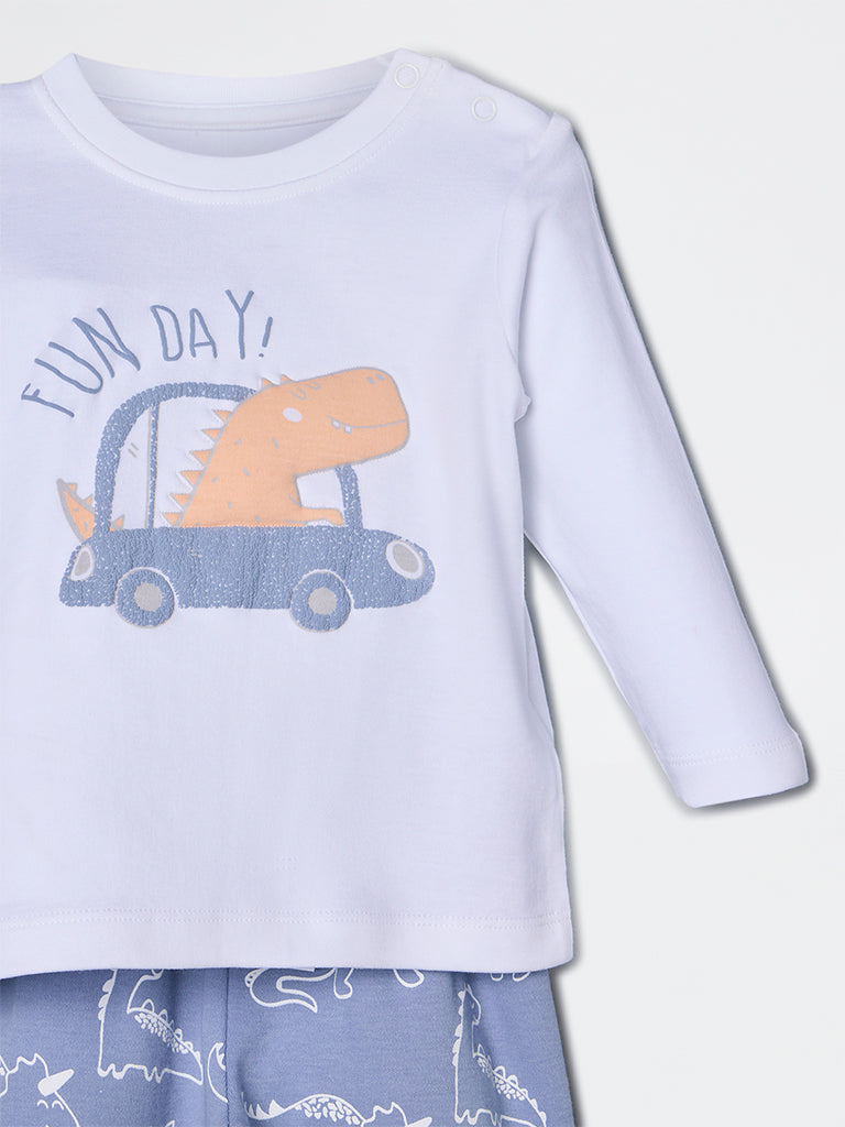 HOP Baby Boys White Animal Design Cotton T-Shirt and Pants Set - Exclusive