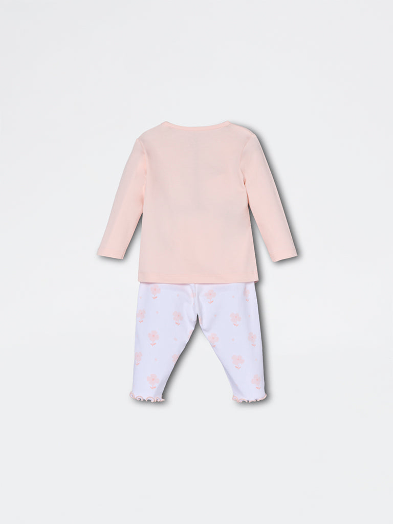 HOP Baby Girls Coral Printed Cotton-Blend T-Shirt and Pants Set - Exclusive