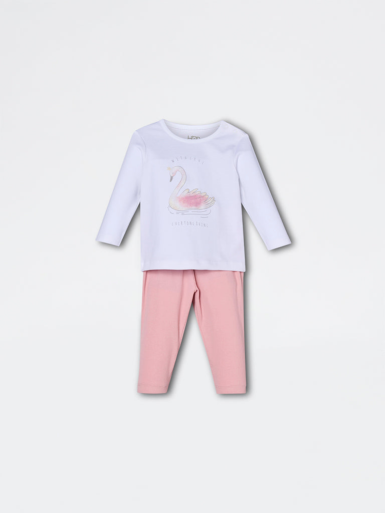 HOP Baby Girls Pink Bird Printed Cotton Co-ord Set - Exclusive