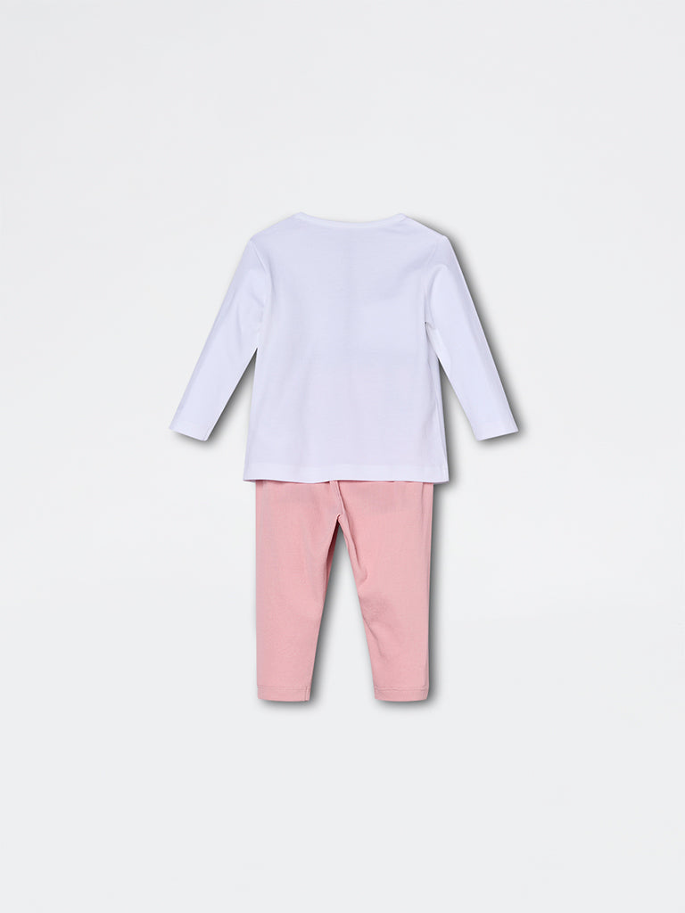 HOP Baby Girls Pink Bird Printed Cotton Co-ord Set - Exclusive