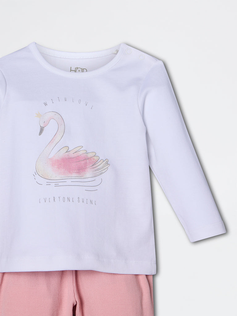 HOP Baby Girls Pink Bird Printed Cotton Co-ord Set - Exclusive