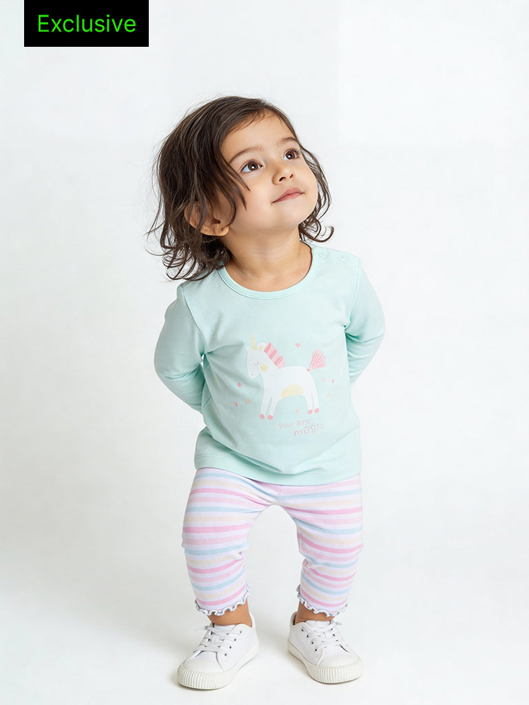 HOP Baby Girls Mint Unicorn Printed Cotton Co-ord Set - Exclusive