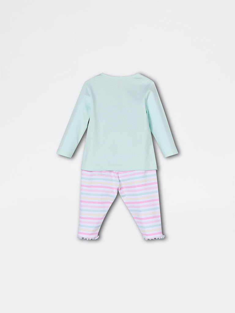HOP Baby Girls Mint Unicorn Printed Cotton Co-ord Set - Exclusive